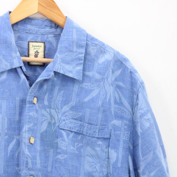 Vintage Jamaica Jaxx Hawaiian Silk Shirt Mens Blue Button Down Collared Large L - Picture 2 of 9